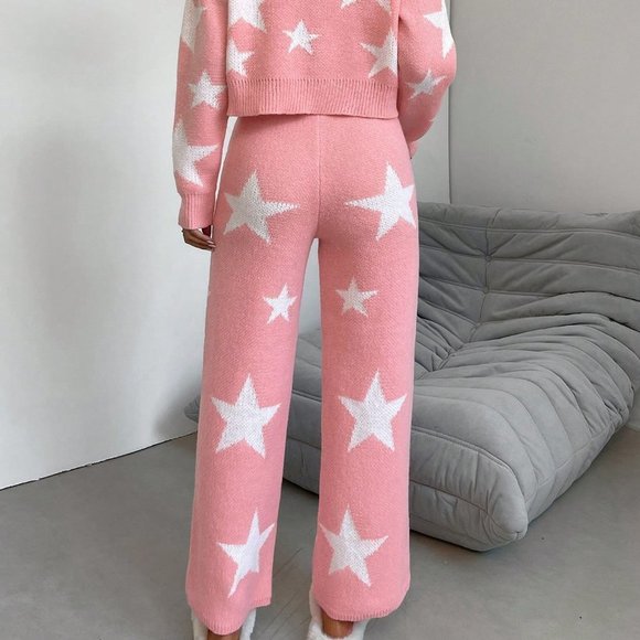 Pink Casual Womens Star Pattern Sweater & Knit Pants - Picture 2 of 5